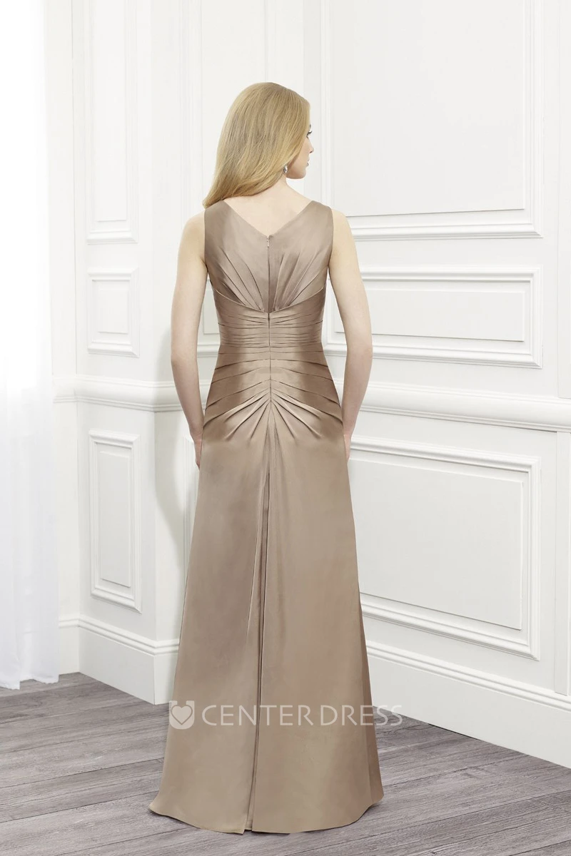 V-Neck Ruched Sleeveless Satin Mother Of The Bride Dress With Cape
