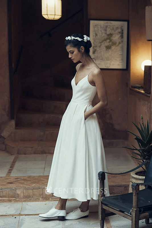 Sexy Spaghetti Ankle-Length Bridal Gown with Pocket and Deep-V Back