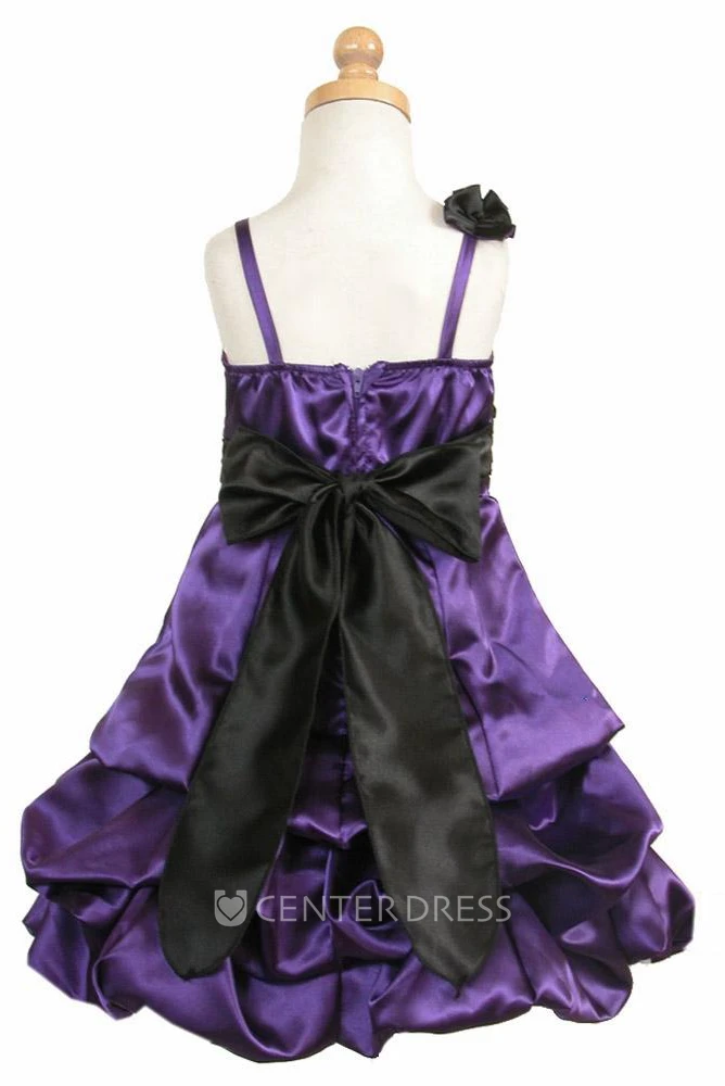 Midi Cape Floral Ruched Satin Flower Girl Dress With Ribbon
