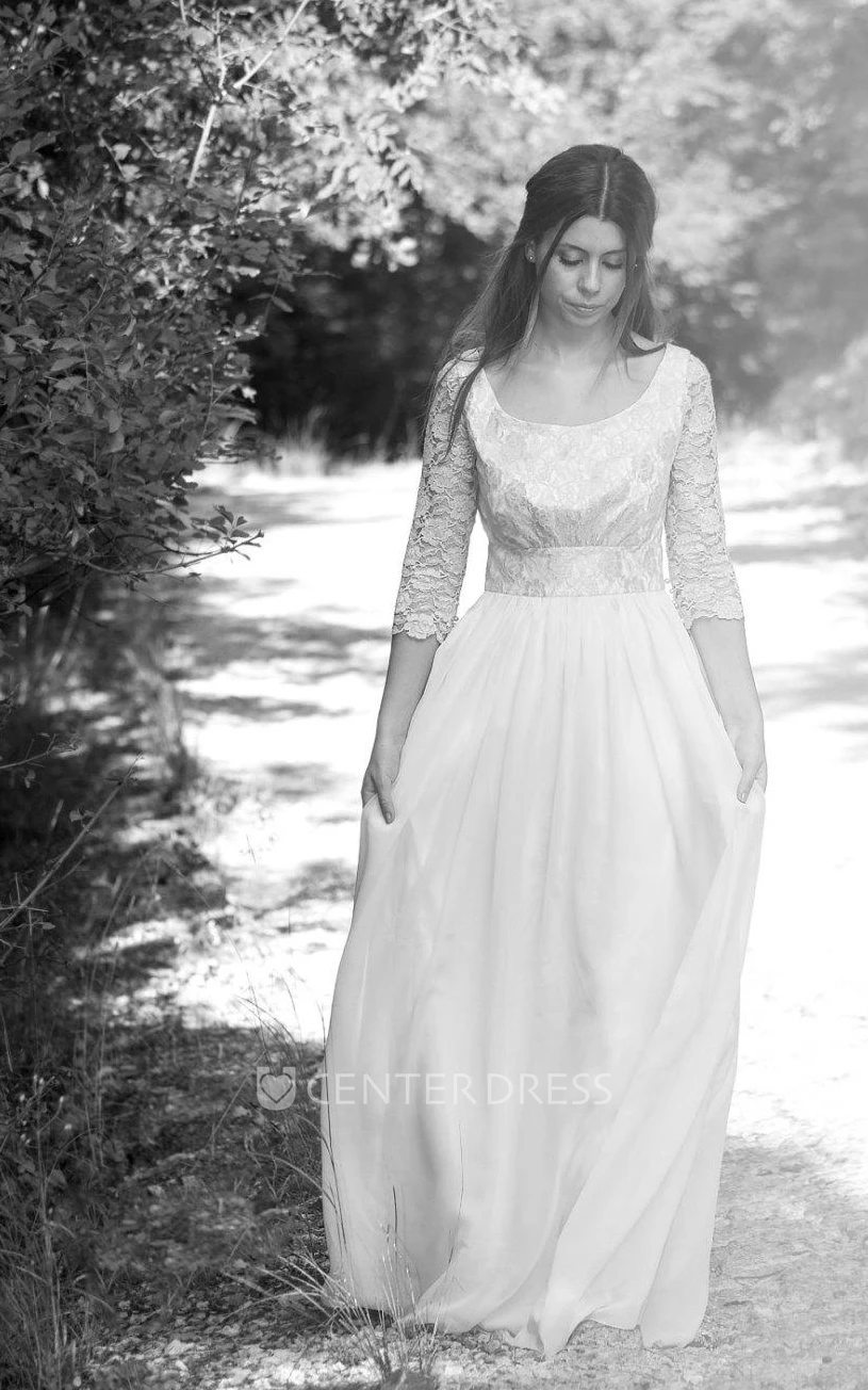 Scoop Illusion Sleeve Long Chiffon Wedding Dress With Lace And Button Back