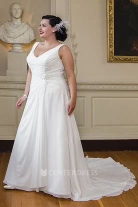V Neck Sleeveless A-Line Bridal Gown With Lace Up And Train