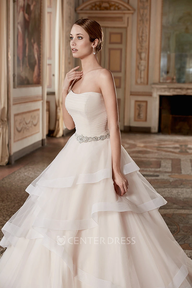 Ball Gown Tiered Strapless Floor-Length Sleeveless Organza Wedding Dress With Ruffles And Waist Jewellery