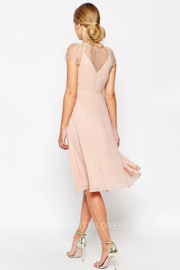 A-Line Knee-Length Ruched Cap Sleeve V-Neck Chiffon Bridesmaid Dress