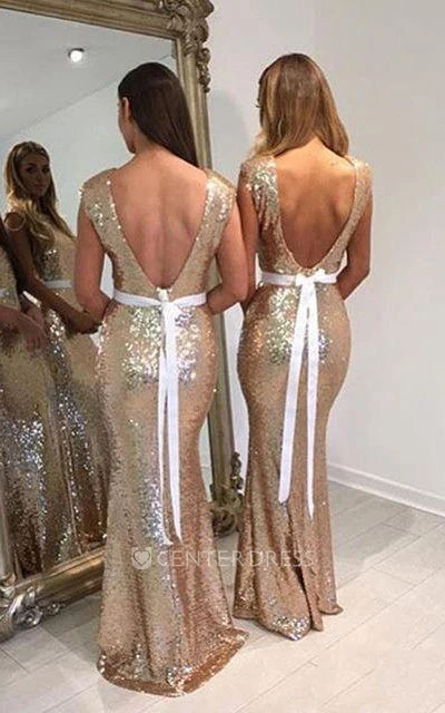 Mermaid Jewel Sleeveless Bell Cap Pleats Brush Train Backless Sequins Dress