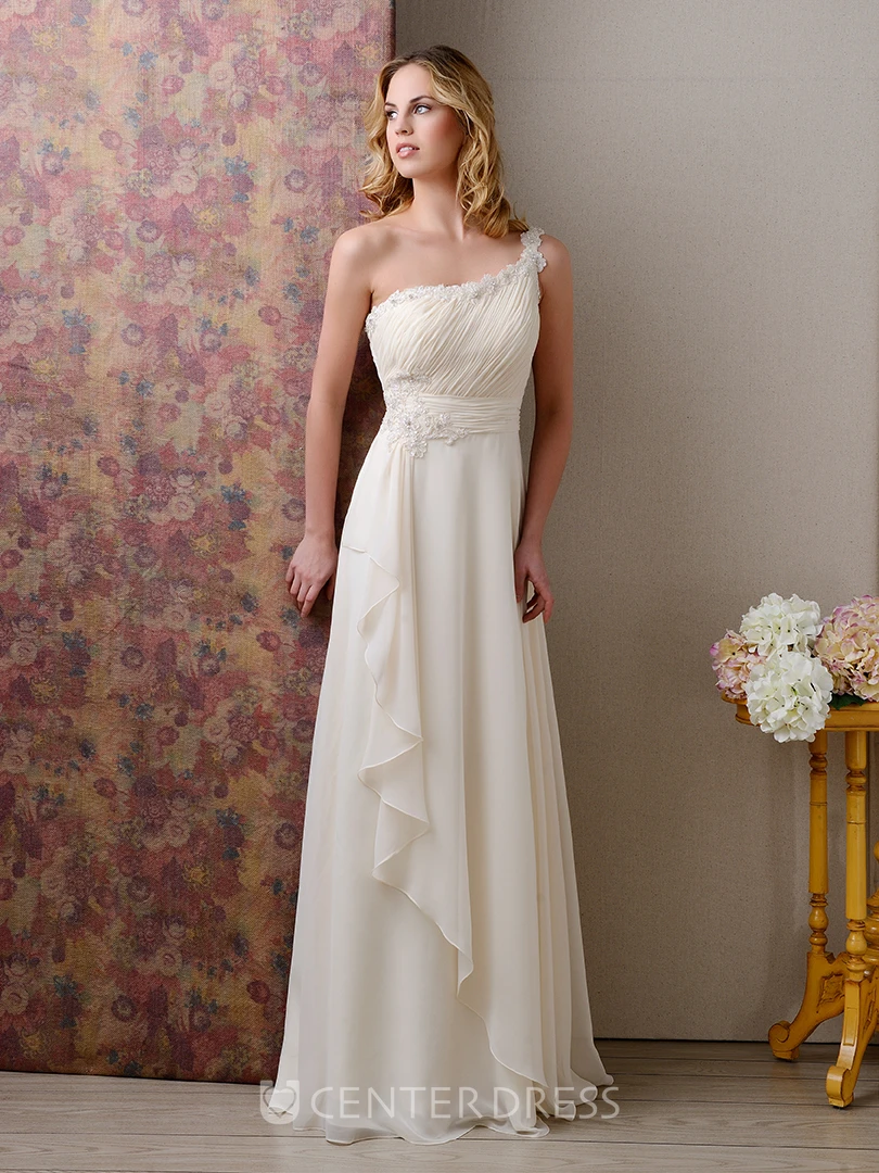Ruched Bodice One-Shoulder Chiffon Wedding Dress With Beadings And Side Draping
