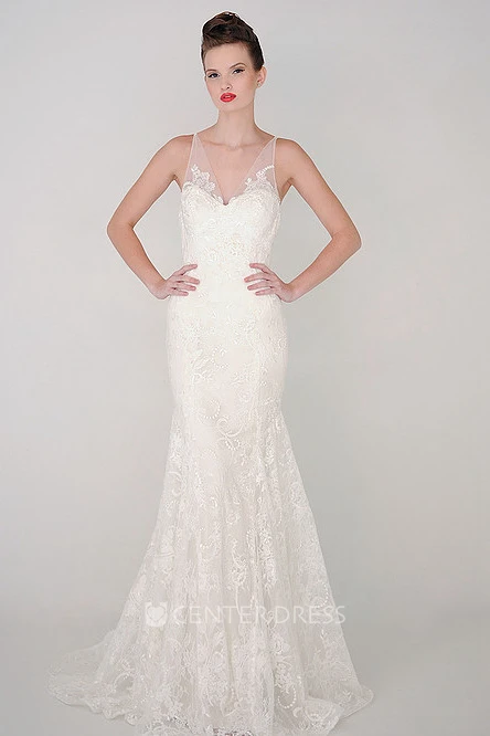 Sheath V-Neck Sleeveless Lace Wedding Dress With Straps