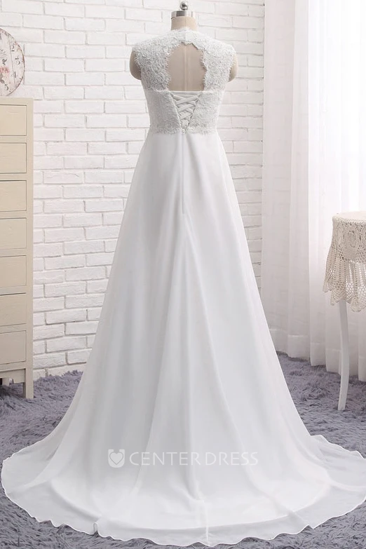 A-line Lace-up Chiffon Empire Elegant Queen Anne Lace Wedding Dress With Key Hole