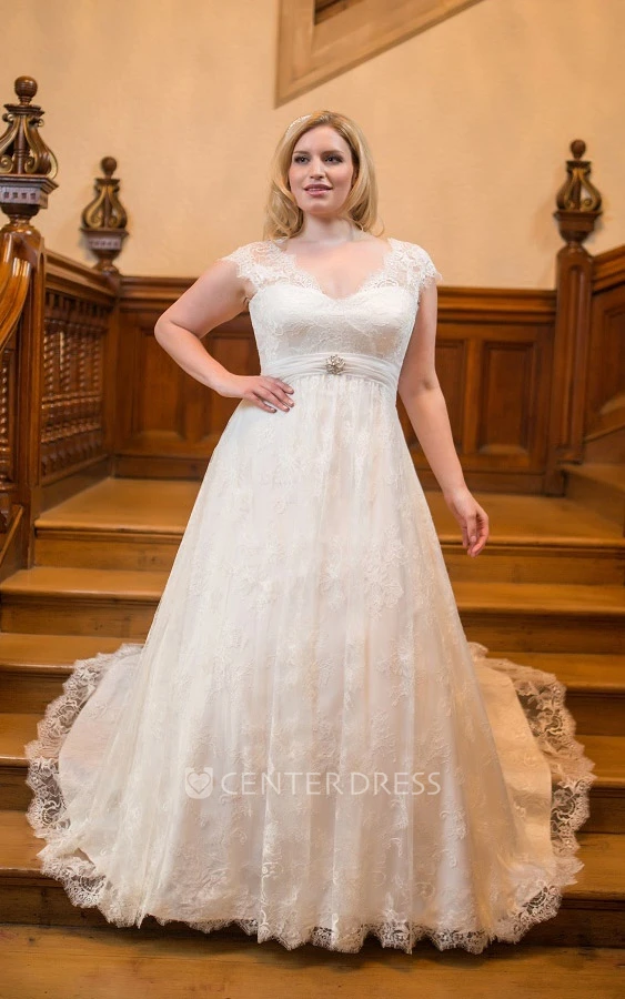 A-Line Long V-Neck Cap Empire Lace Brush Train Broach Dress