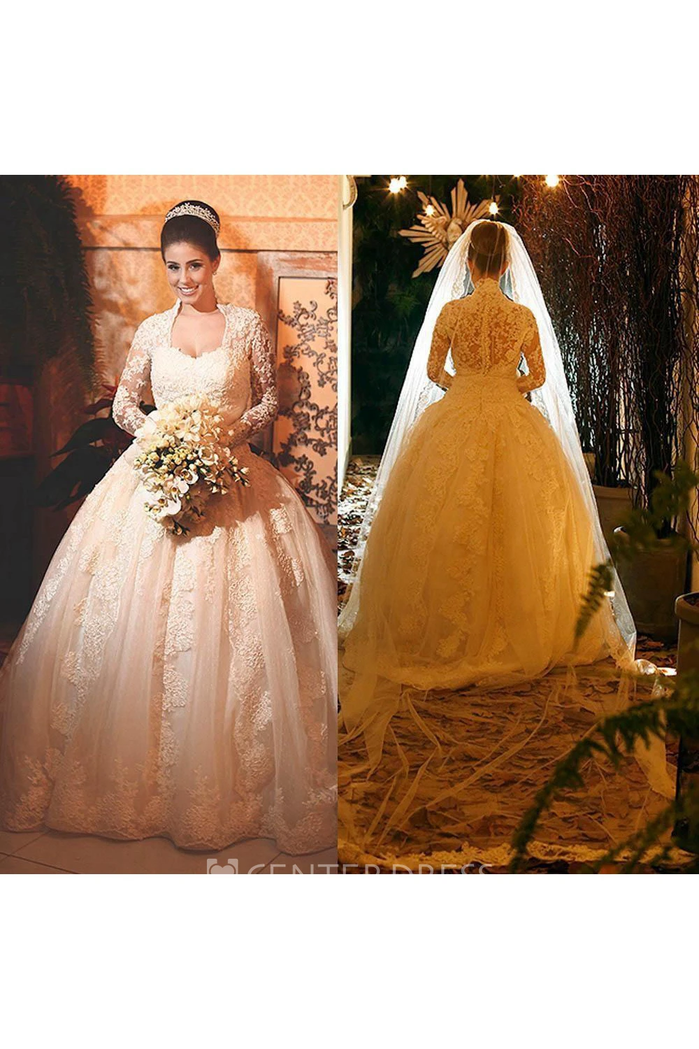 Modern Lace Long Sleeve Wedding Dress Ball Gown Button Zipper Back