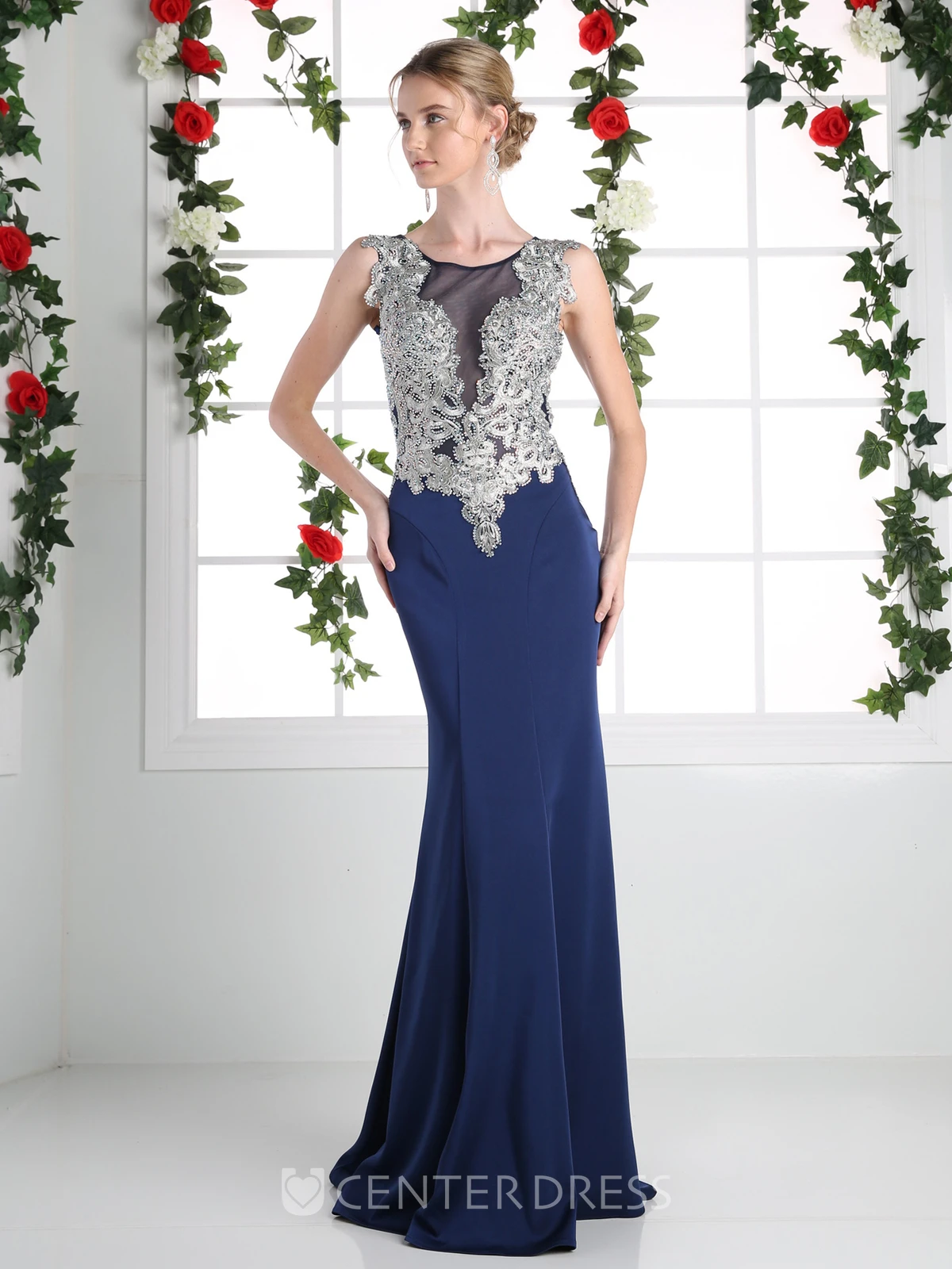 Sheath Scoop-Neck Sleeveless Jersey Illusion Dress With Beading