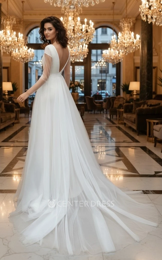 A Line Plunging V-Neck Tulle Wedding Dress Long Sleeve Train Gown with Slit & Sash