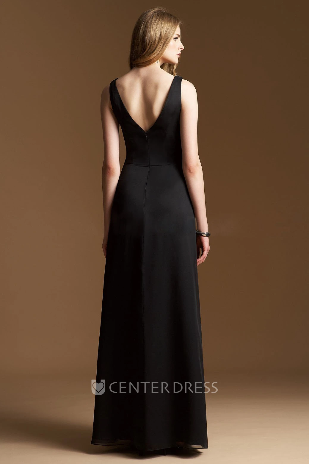 Sleeveless V-Neck A-Line Long Bridesmaid Dress With Jewels And V-Back