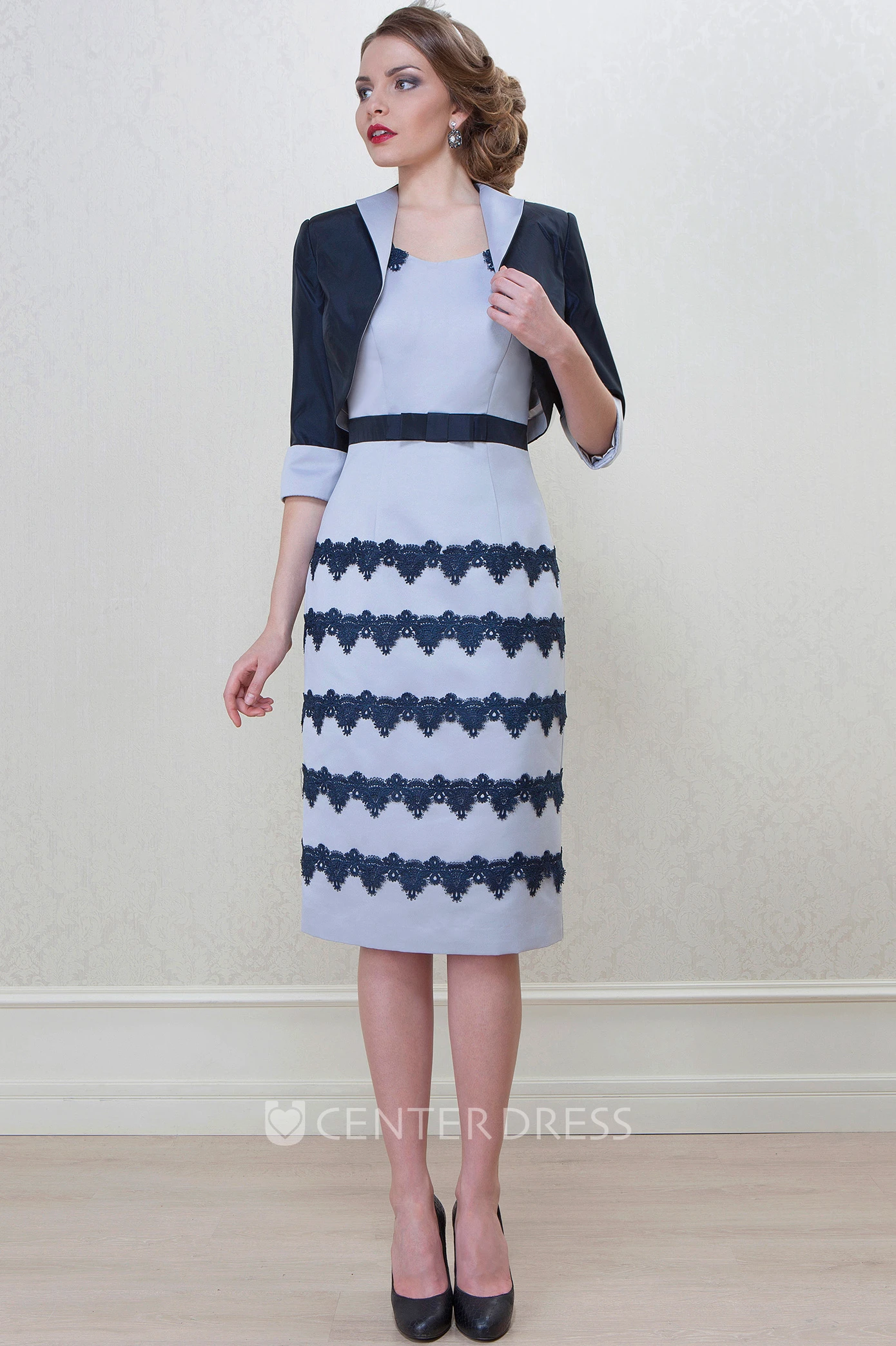 Knee-Length Pencil Square Neck Cap Sleeve Appliqued Satin Mother Of The Bride Dress