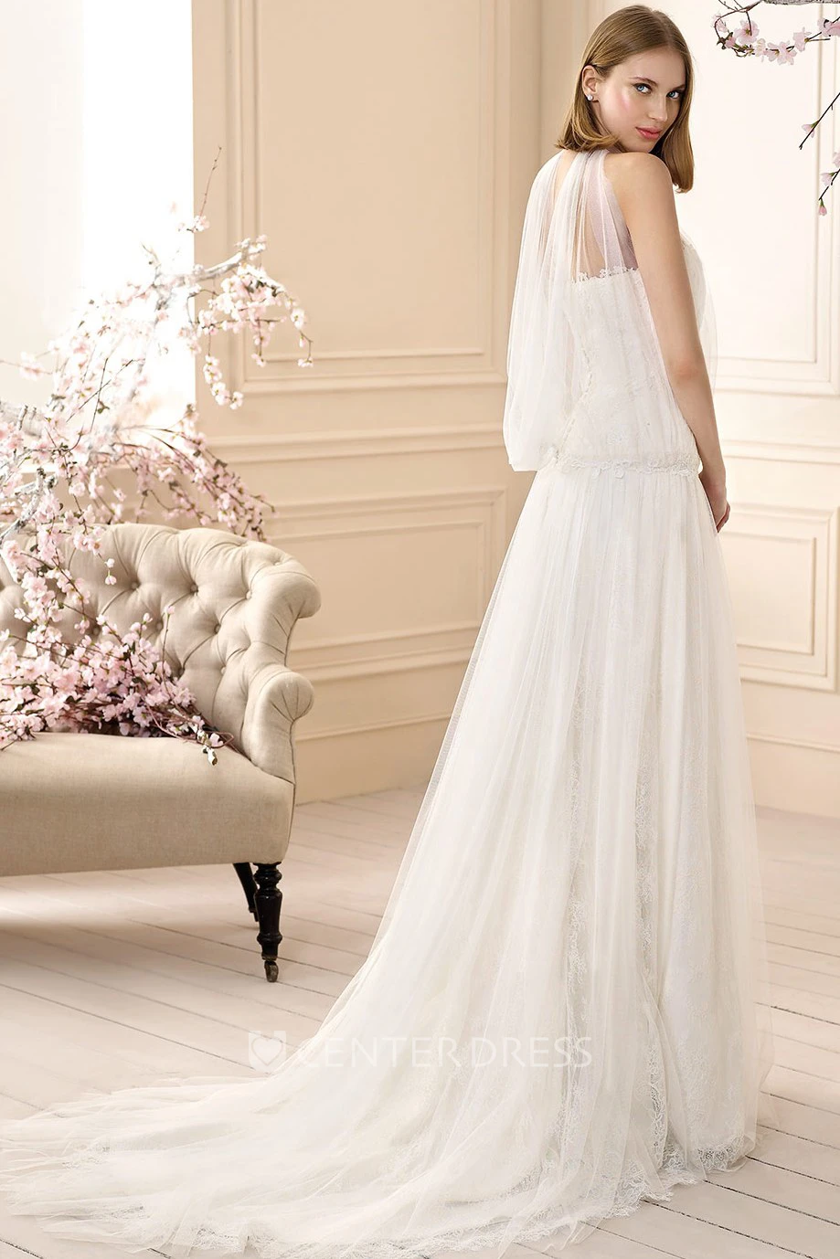 A-Line Sleeveless Long High-Neck Lace Tulle Wedding Dress