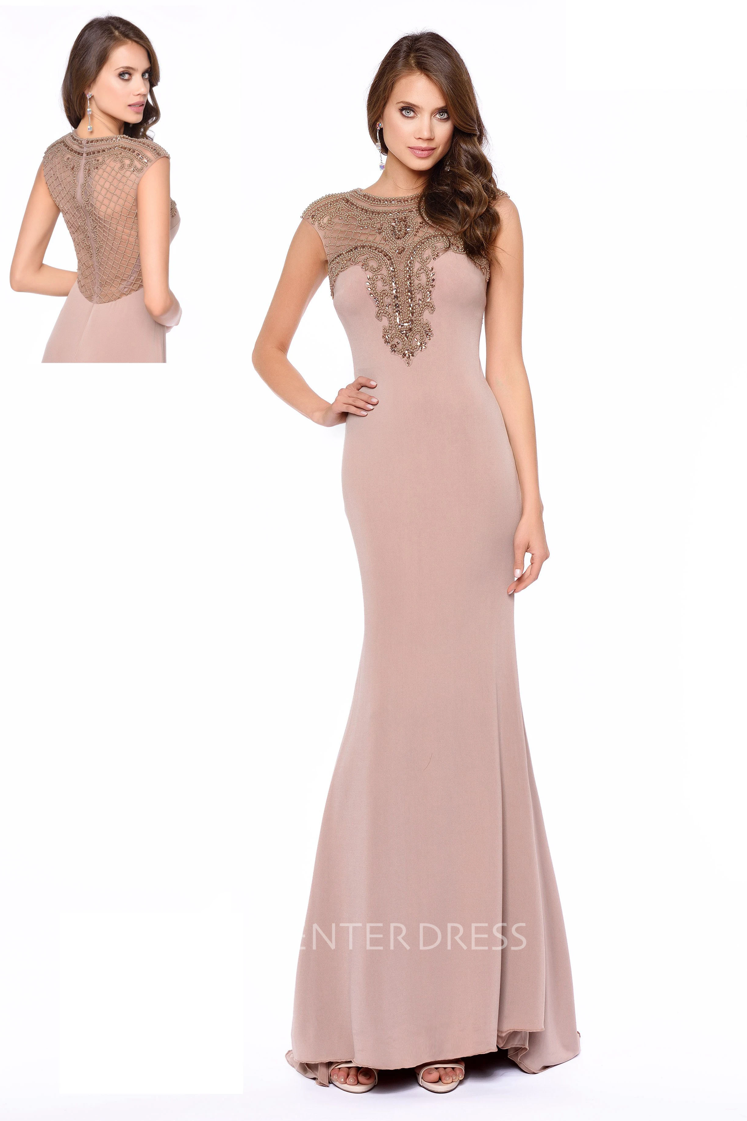 Sheath Jewel-Neck Cap-Sleeve Jersey Illusion Dress With Beading