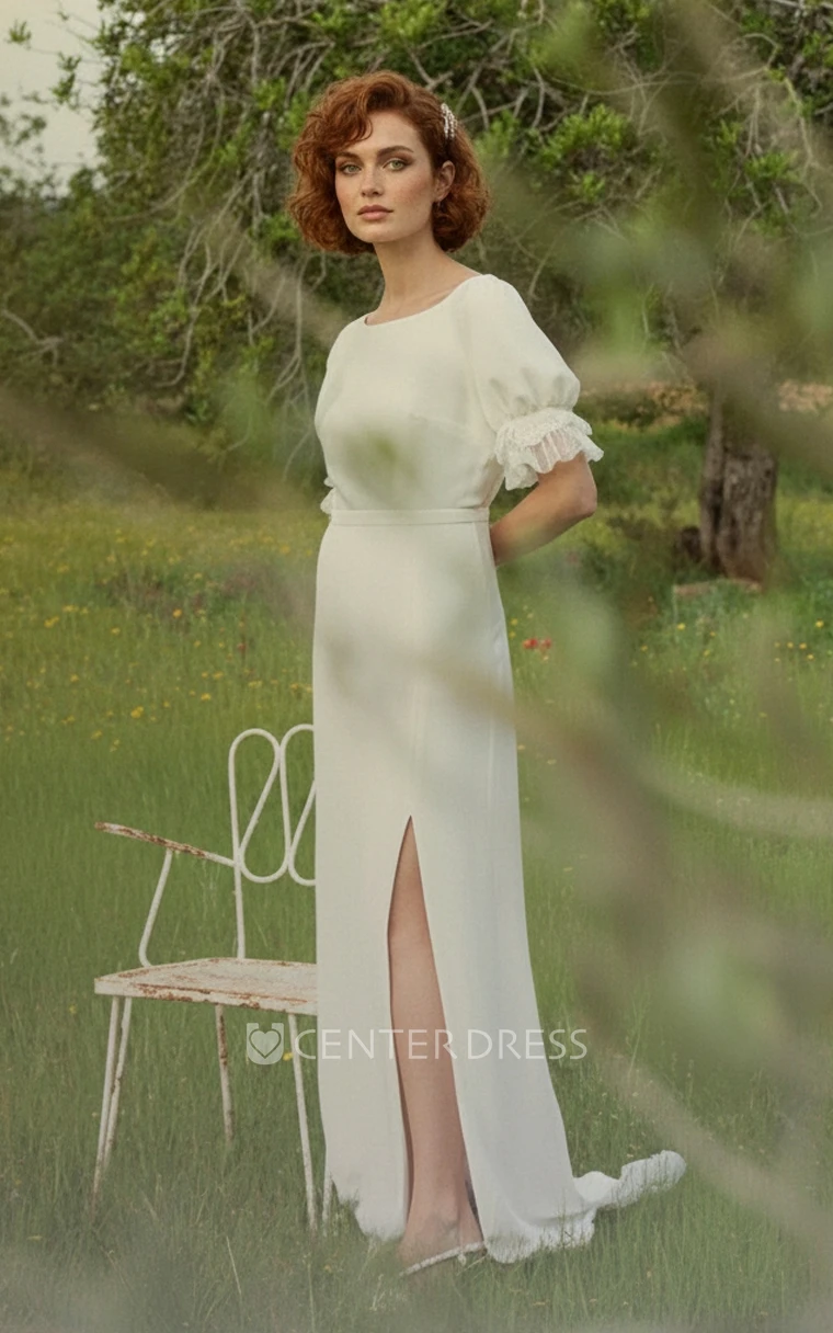 Modern Puff Sleeve Minimalist Wedding Dress Simple Satin Open Back Bridal Gown with Slit