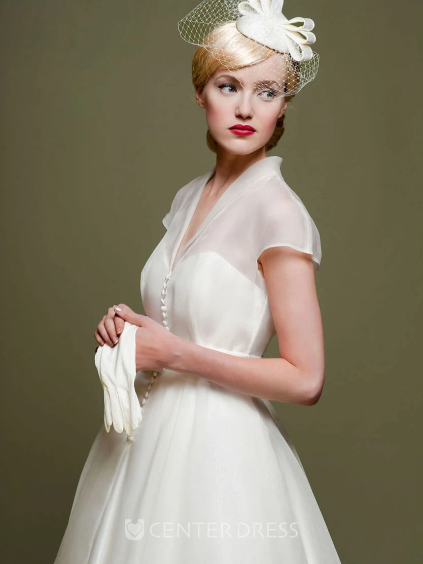 Ankle-Length A-Line Ribboned V-Neck Cap Sleeve Tulle Wedding Dress