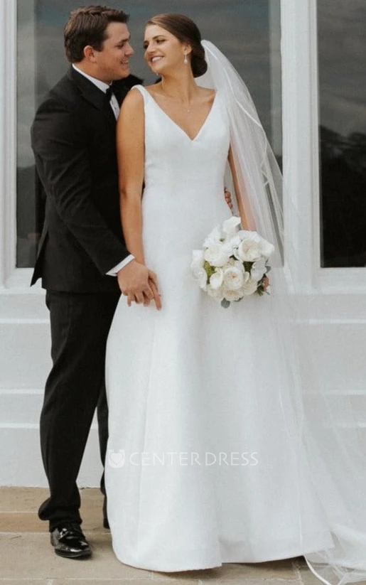 Romantic A-Line Satin Wedding Dress With Button Back And V-neck