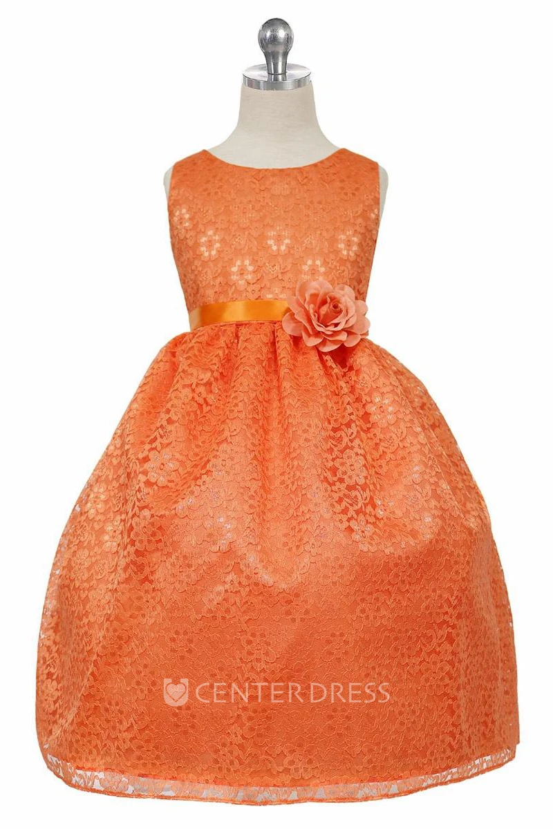 Midi Bowed Floral Tulle&Lace Flower Girl Dress With Ribbon