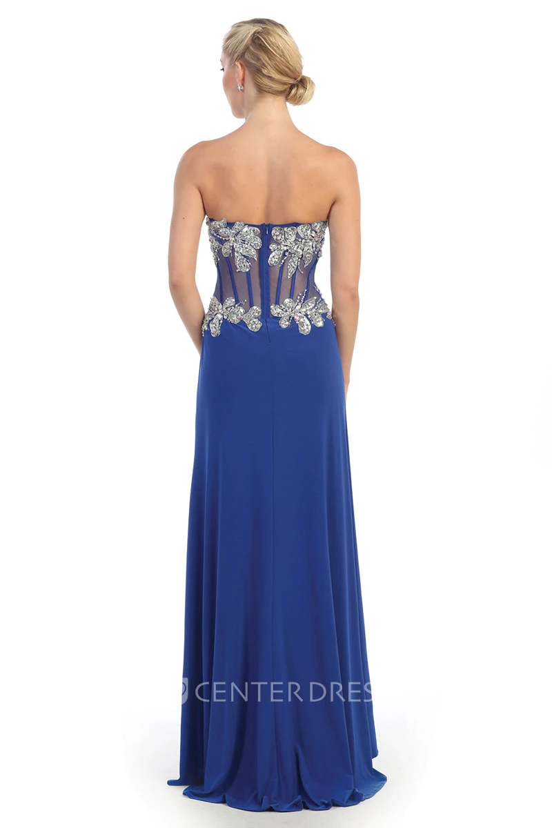 Sheath Long Sweetheart Sleeveless Jersey Zipper Dress With Split Front And Beading