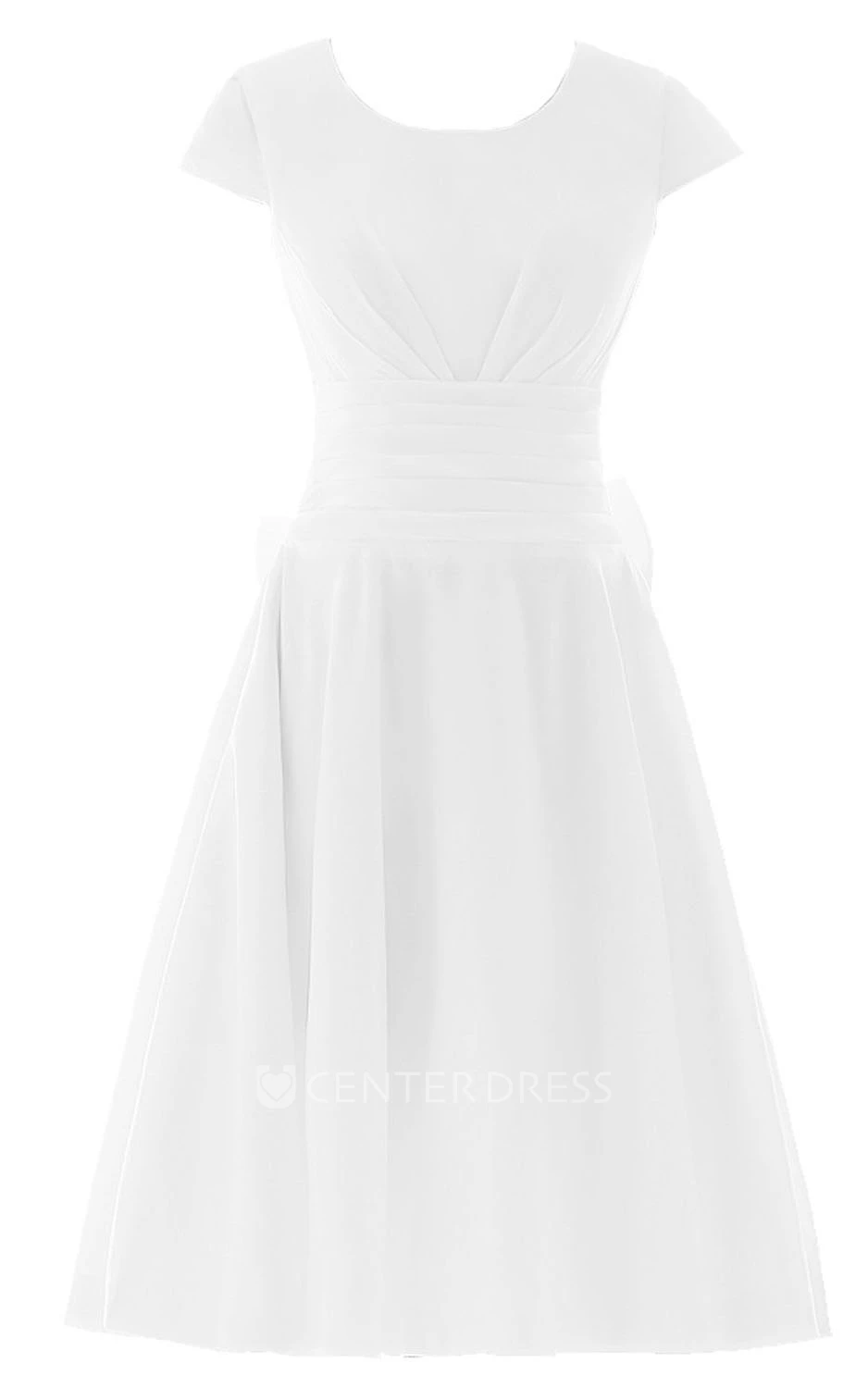 Short Sleeve Knee-length Pleated Chiffon Dress With Bowknot