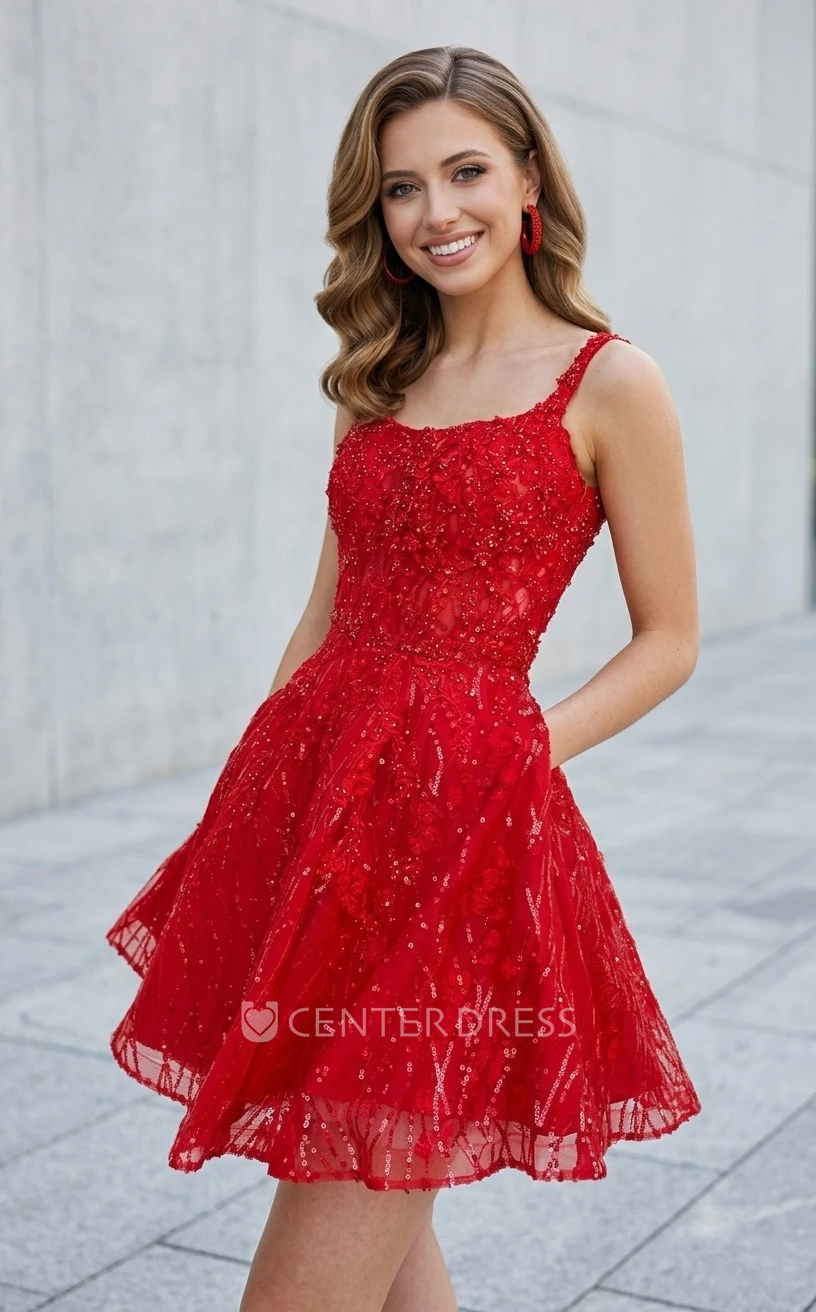 Cute Modern Short A-Line Red Sequins Homecoming Dress with Pockets Adorable Elegant Mini Straps Square Neckline Sleeveless Prom Party Dress