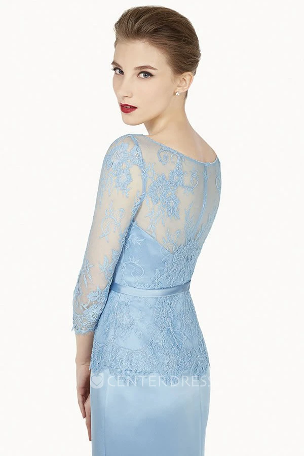Lace Top Scoop Neck Satin Long Prom Dress With 3-4 Sleeve And Floral Satin Sash