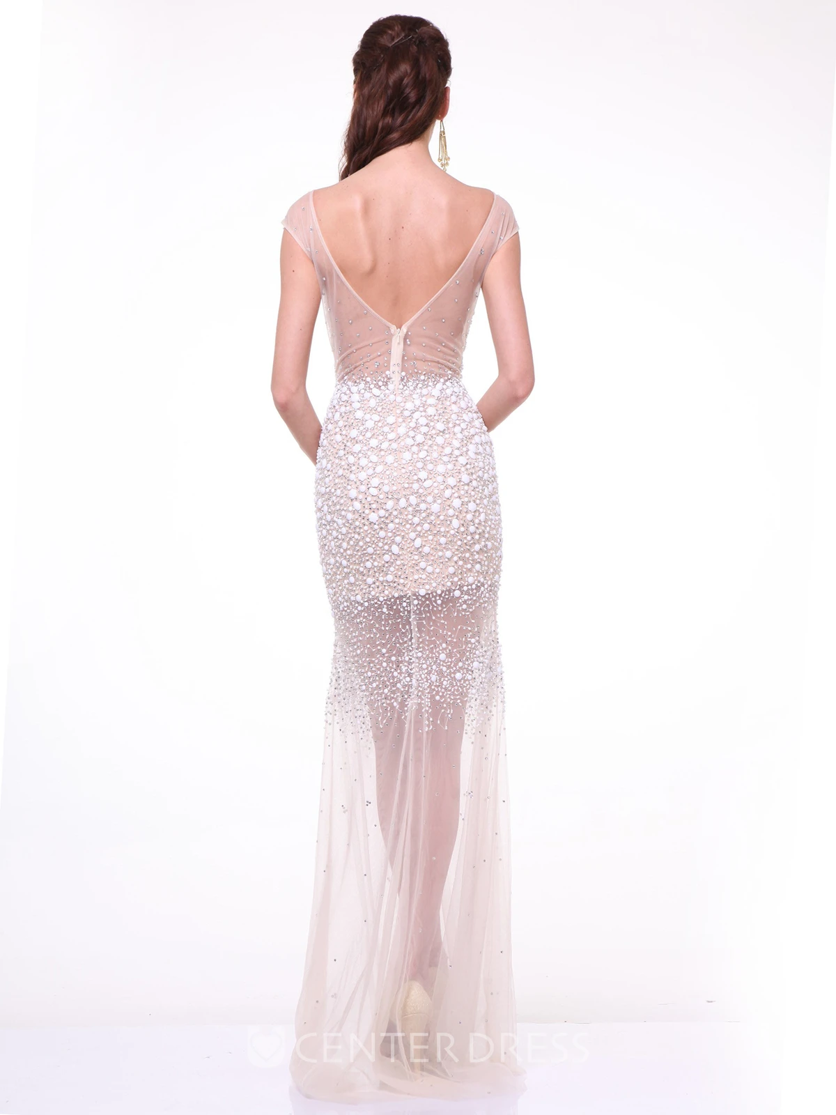 Sheath Long Bateau Cap-Sleeve Tulle Deep-V Back Dress With Crystal Detailing