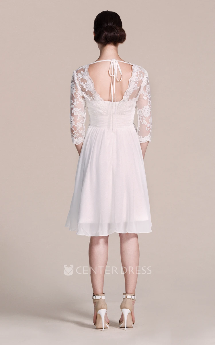 3/4 Sleeve V-neck A-line Lace Chiffon Short Knee-length Spring Wedding Dress