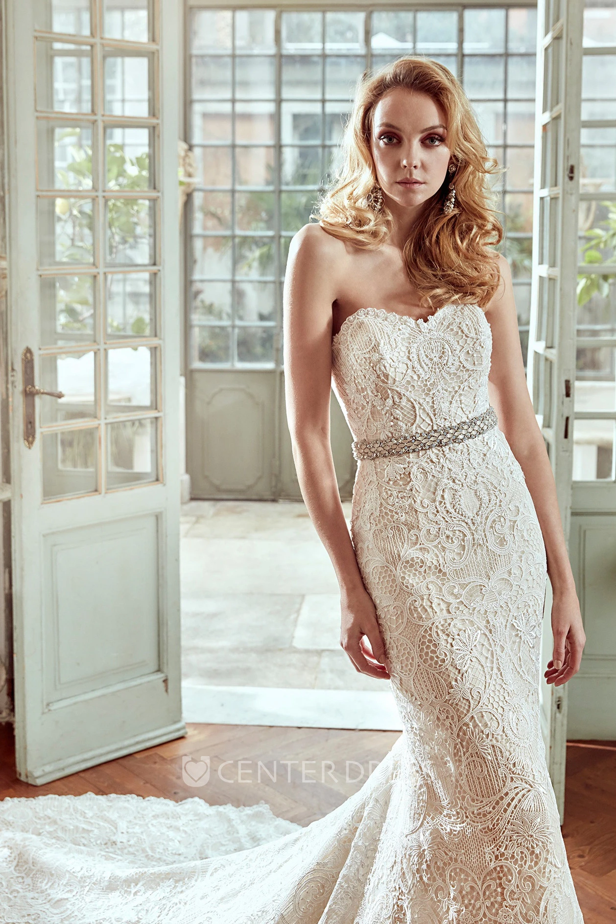 Sweetheart Sheath Lace Wedding Dress With Court Train And Beaded Belt