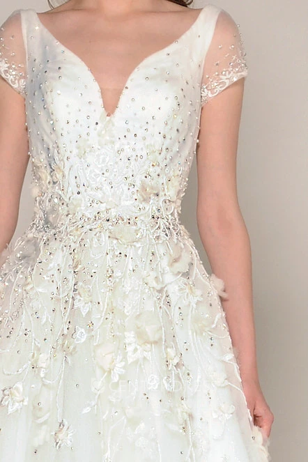 A-Line Short-Sleeve Beaded Floor-Length V-Neck Tulle Wedding Dress With Embroidery And Flower