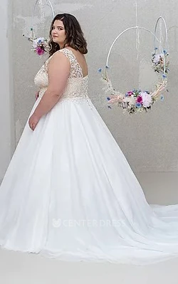 Modern A Line Sleeveless Floor-length Lace Tied Back Wedding Dress with Ruching
