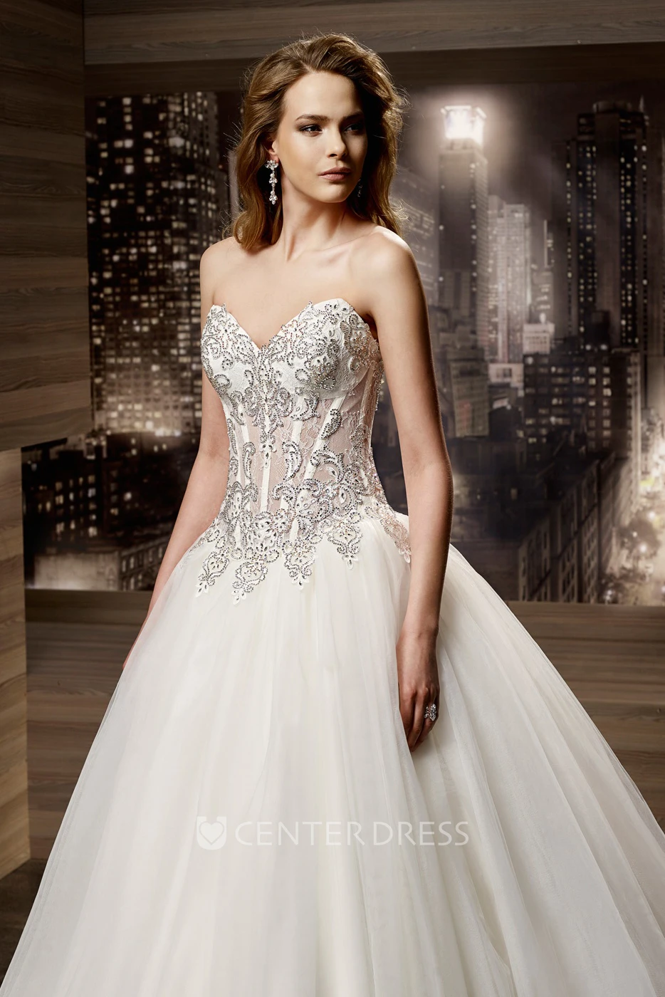Sweetheart Brush-Train A-Line Bridal Gown With Beaded Corset