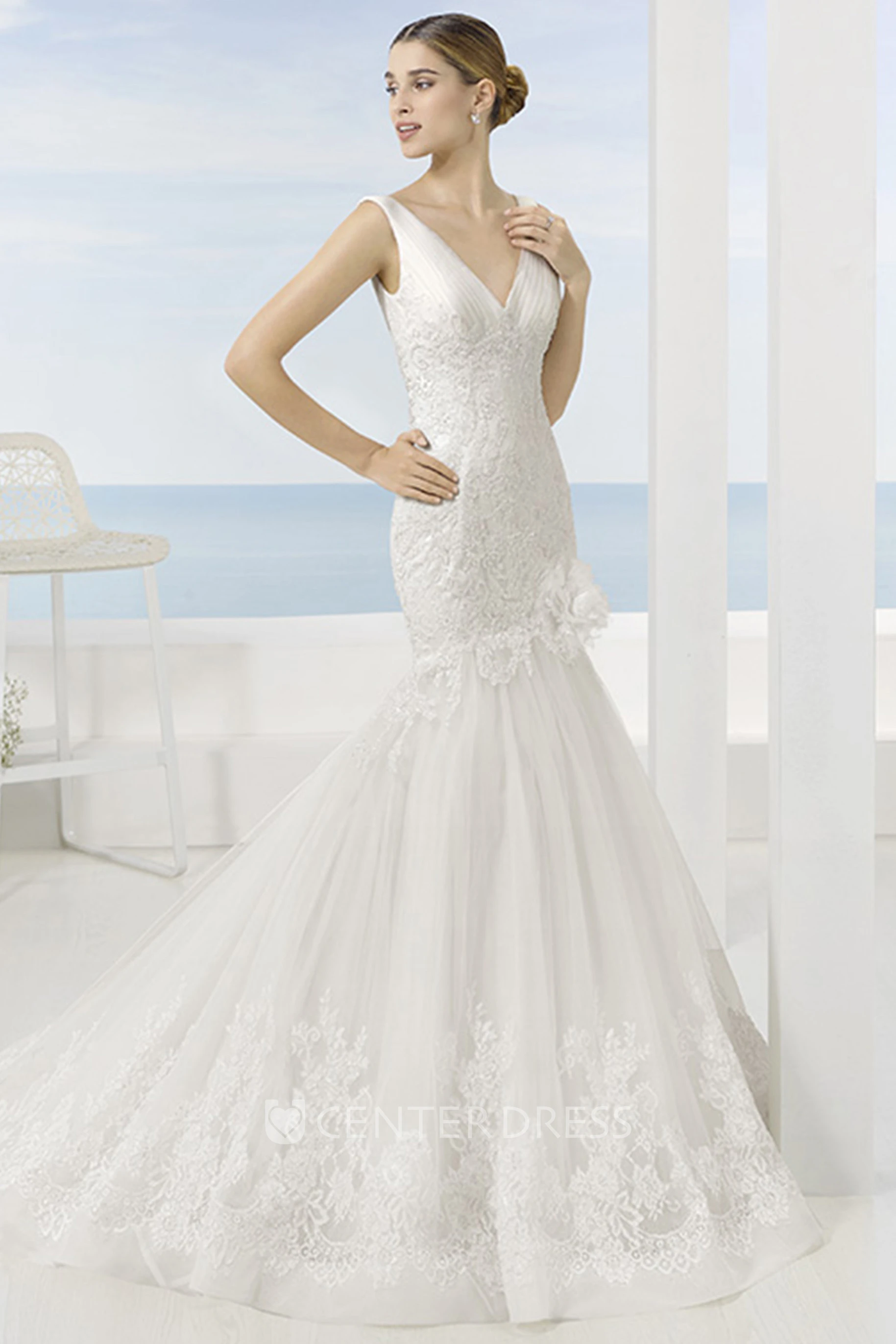 Trumpet Sleeveless Appliqued Long V-Neck Lace Wedding Dress With Flower And Deep-V Back