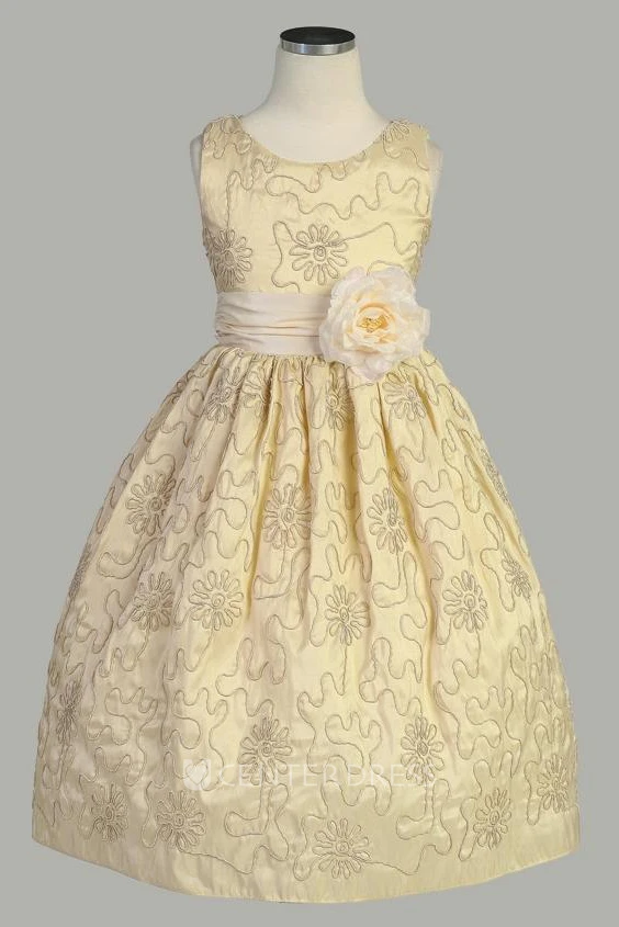 Tea-Length Embroideried Floral Taffeta Flower Girl Dress