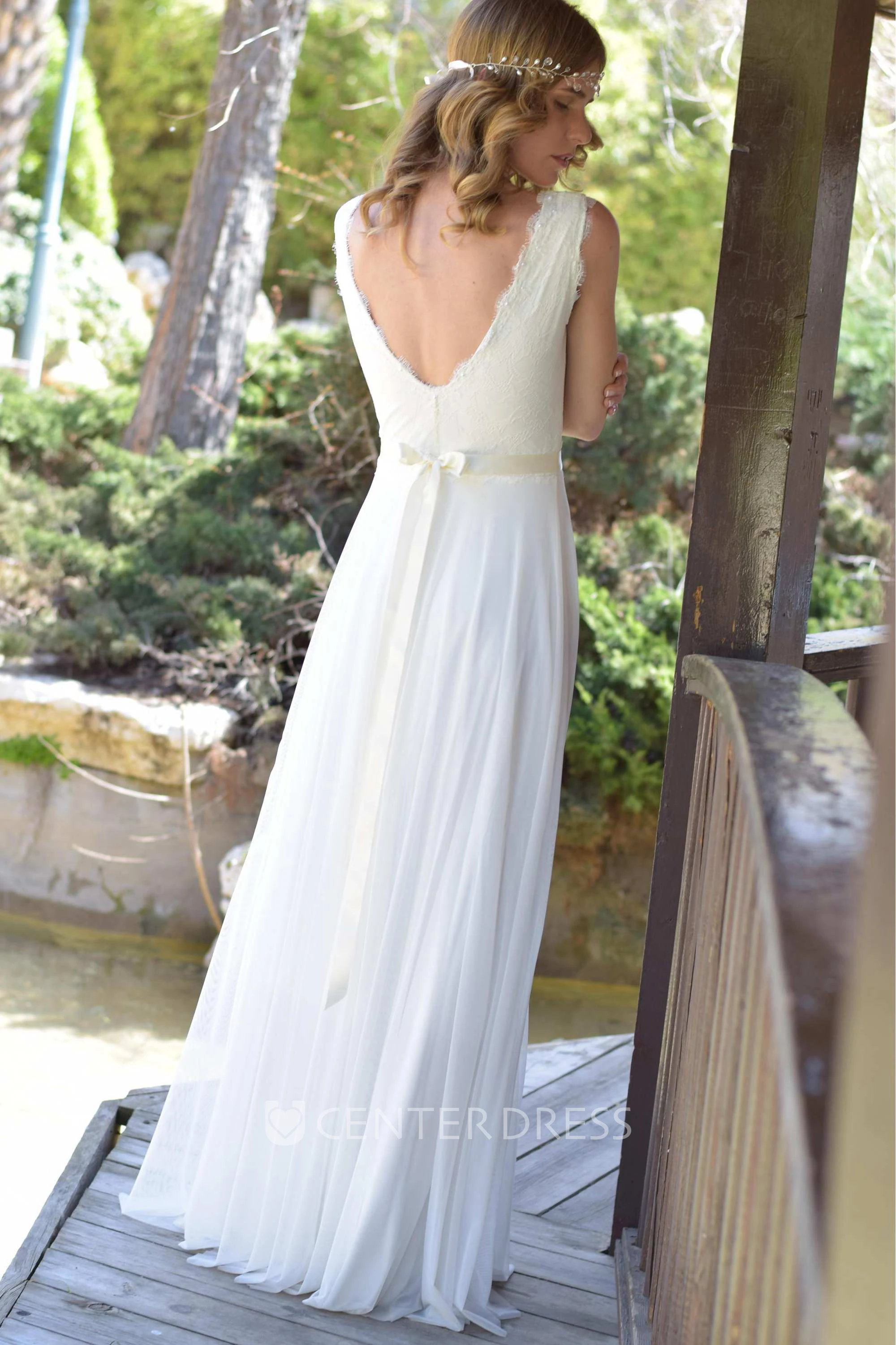 Plunged Sleeveless Chiffon Lace Wedding Dress With Bow And Deep-V Back
