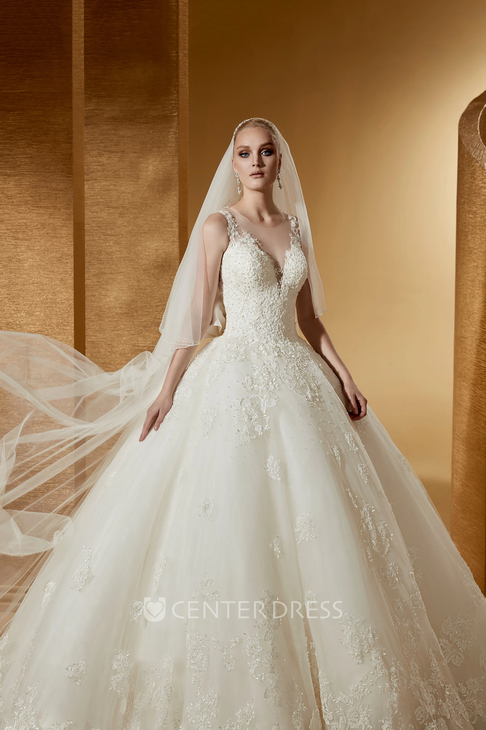 Feminine Cap Sleeve Ball Gown With Illusive Neckline And Back Bow