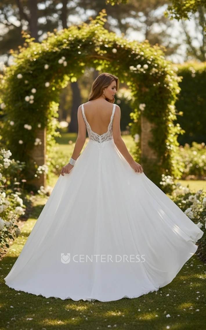 A-Line Boho Lace Wedding Dress Sexy Spaghetti Chiffon Flowy Bridal Gown for Outdoor Weddings