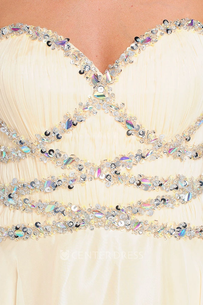A-Line Floor-Length Sweetheart Sleeveless Beaded Tulle&Satin Prom Dress With Ruching