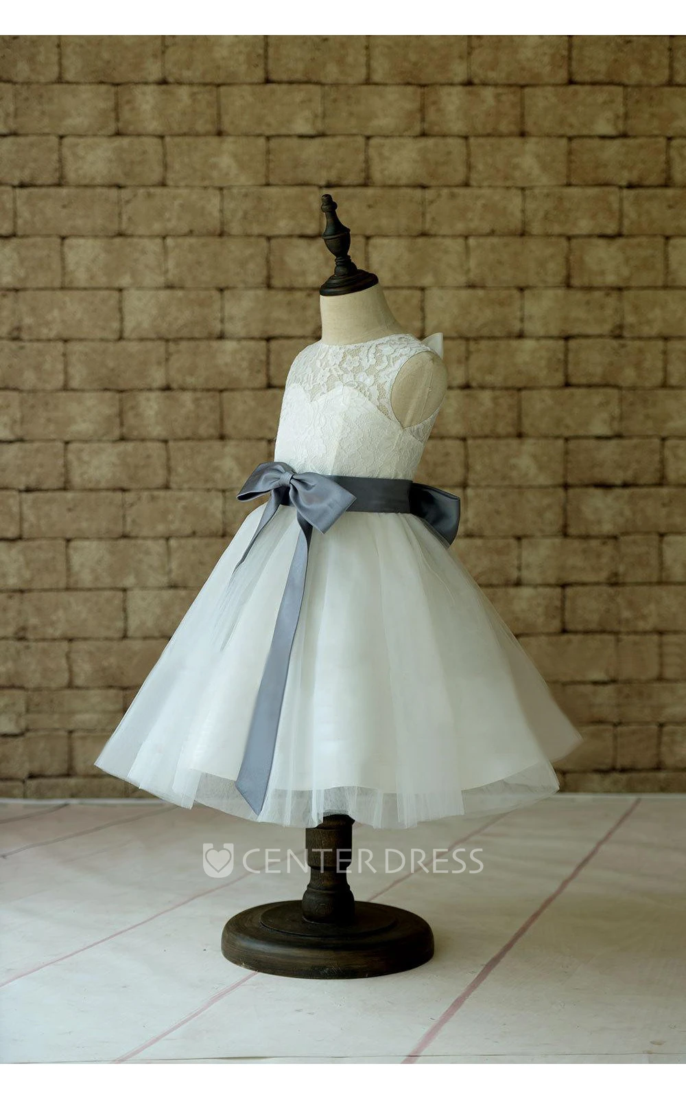 Ivory Lace Tulle Flower Girl Dress With Gray Sash and Bow