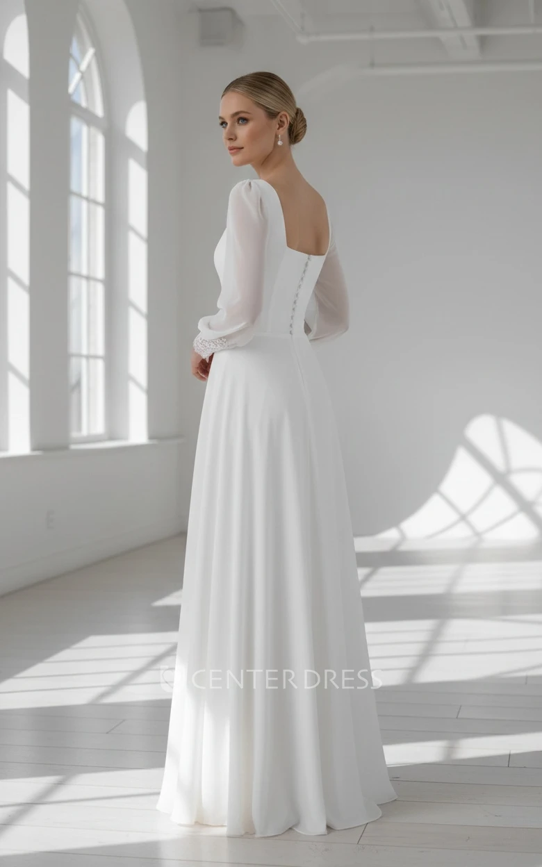 Casual Romantic Elegant A-Line Long Sleeve Satin Spring Wedding Dress with Floor Length and Button Zipper Back