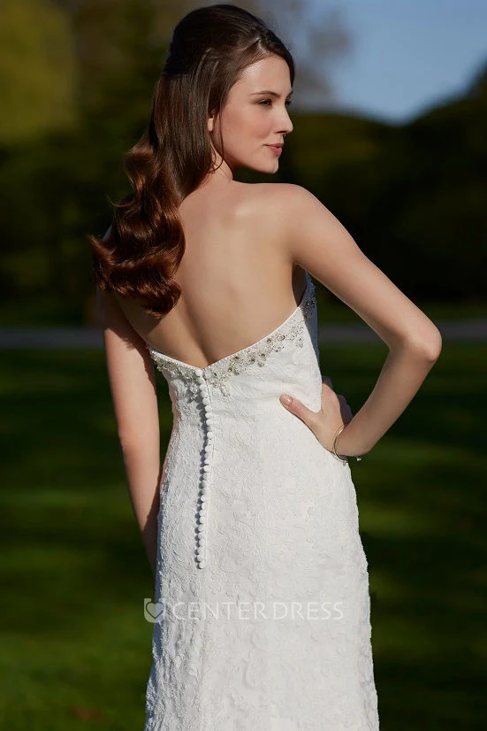 Strapless Long Beaded Lace Winter Wedding Dress With Court Train And V Back