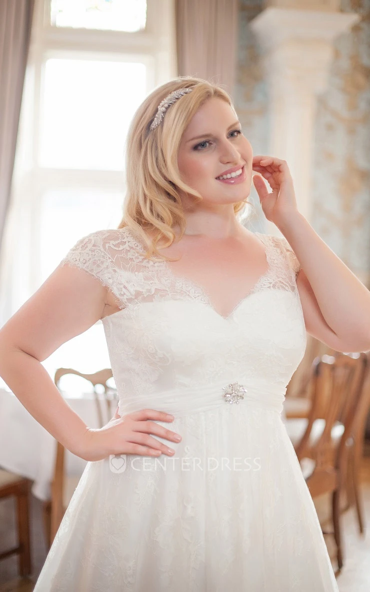 A-Line Long V-Neck Cap Empire Lace Brush Train Broach Dress