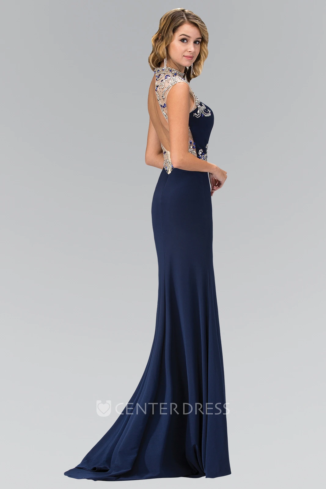 Sheath Halter Sleeveless Jersey Backless Dress With Beading And Split Front