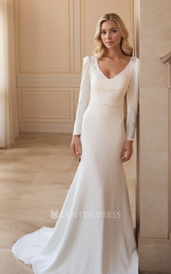 Gorgeous Scalloped Neckline Long Sleeve Belt Back Low-V Satin Solid Mermaid Trailing Bridal Gown