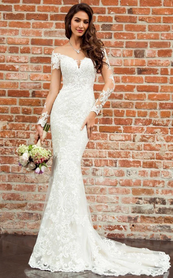 Lace Bateau Mermaid 3/4 Length Sleeve Court Train Button Wedding Dress With Appliques