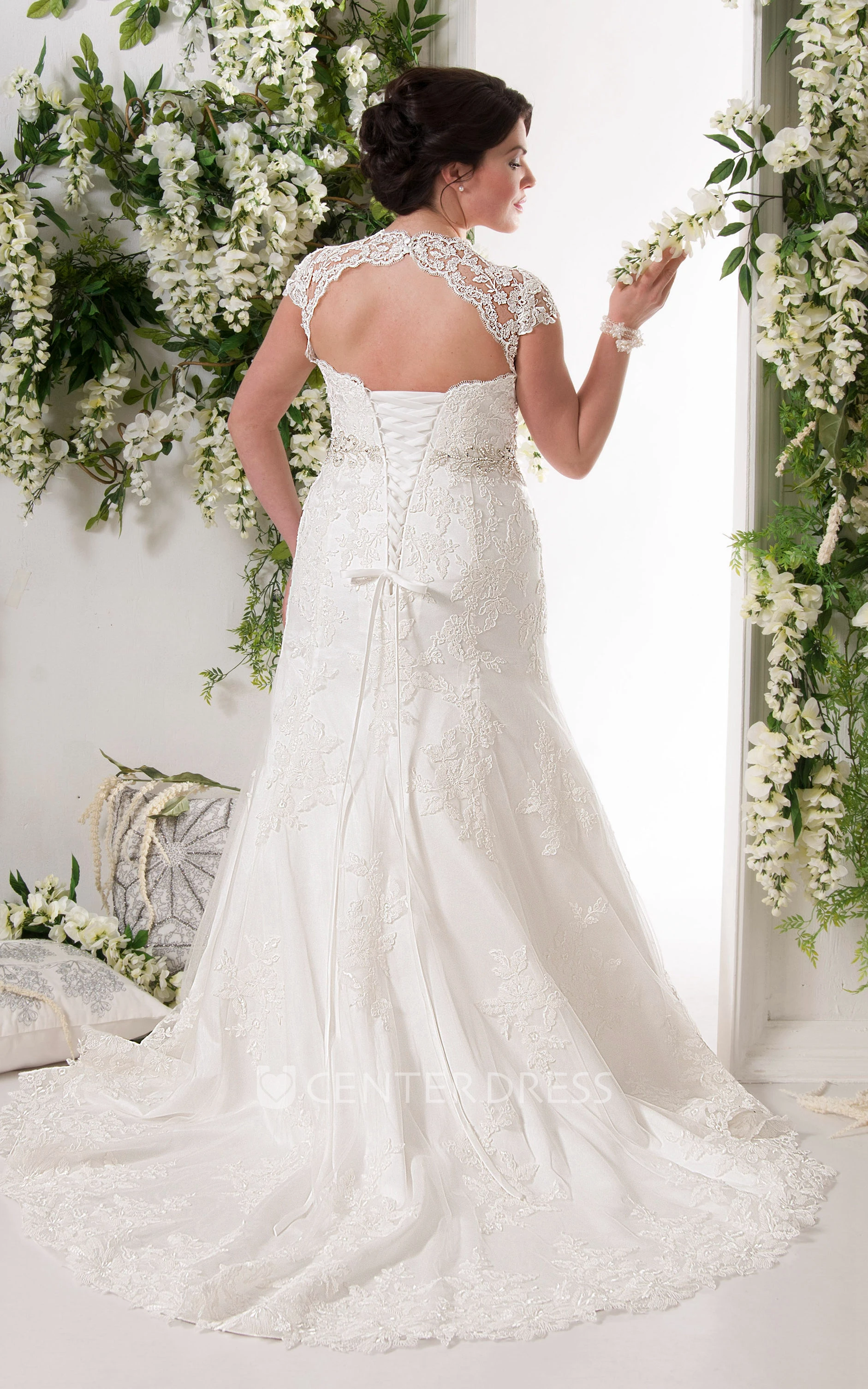 Caped-Sleeve Appliqued Sheath Dress With Beaded Waist