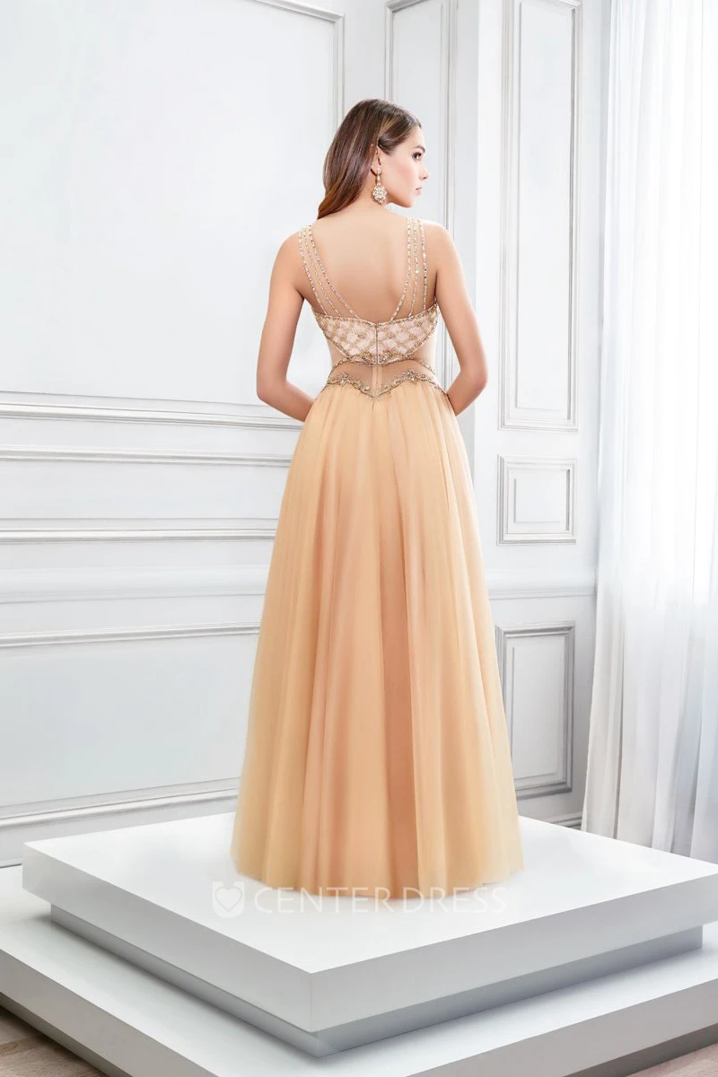 A-Line Beaded Strapped Sleeveless Tulle Prom Dress With Low-V Back
