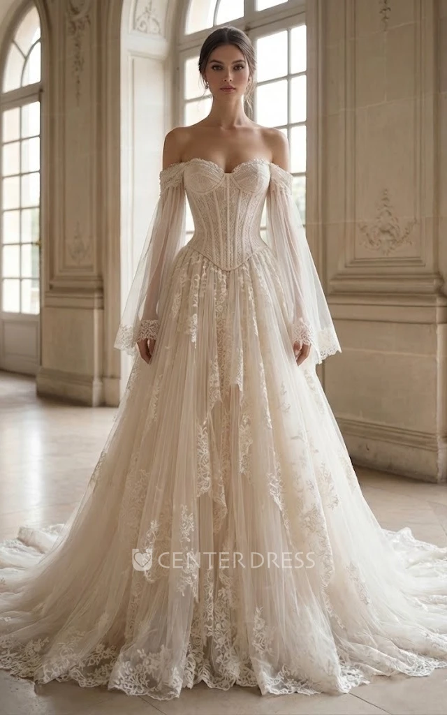 Off-the-Shoulder Lace Wedding Dress Basque Waist Corset Tulle Ethereal Princess Gown