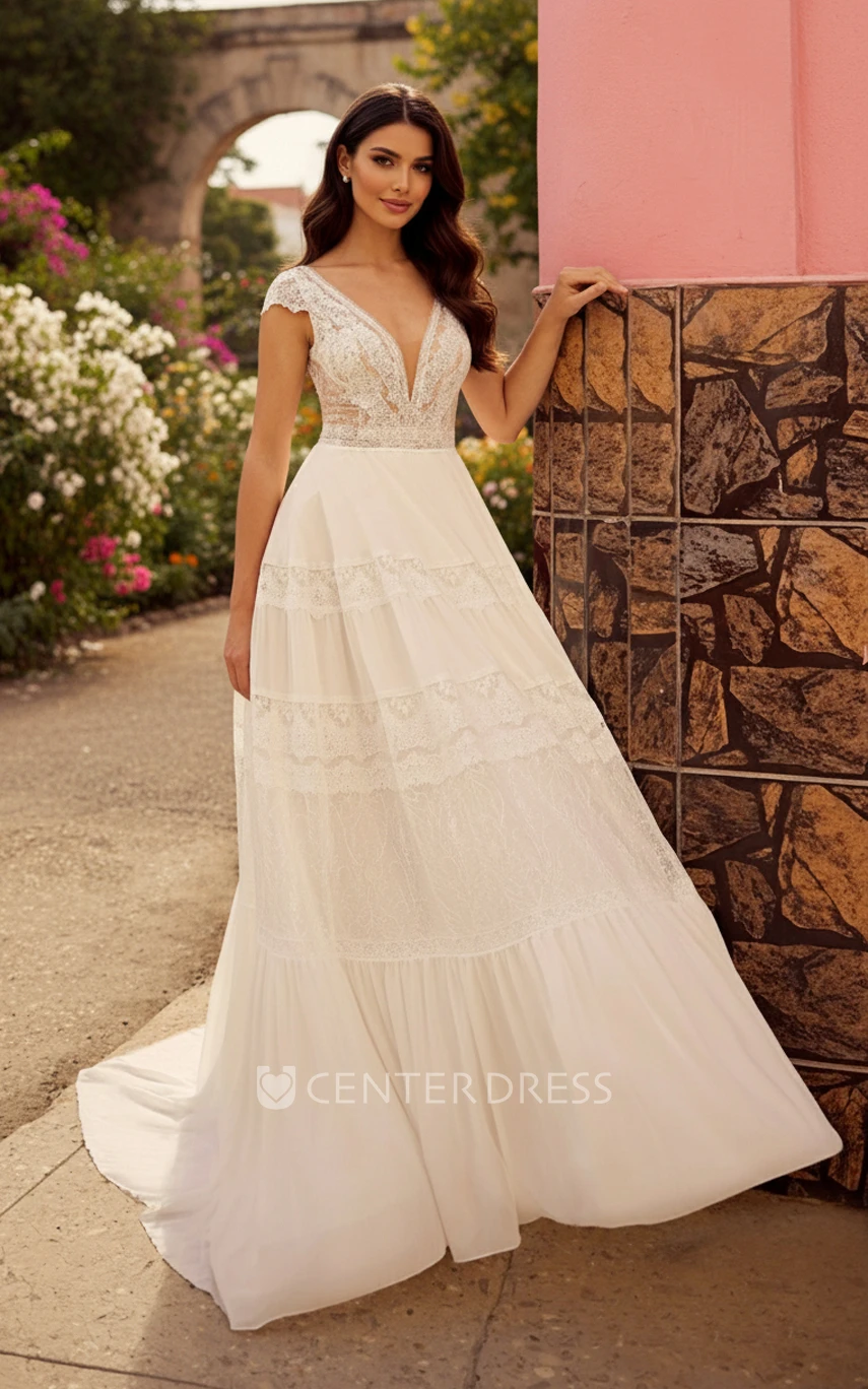 Boho A-Line Lace Beach Wedding Dress Romantic V-Neck Cap Sleeves Chiffon Bridal Gown